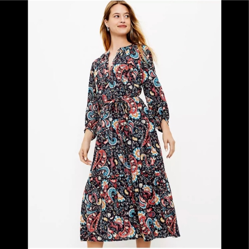 NWT⭐️ Loft shimmer paisley tie neck midi dress